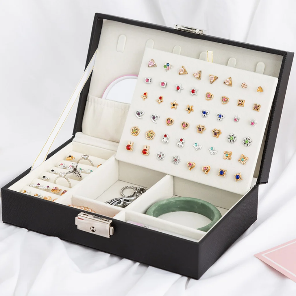 PU Leather Jewellery Storage Ring Earring Jewelry Display Organizer Box Tray Holder Storage Case Jewelry Box with Lock
