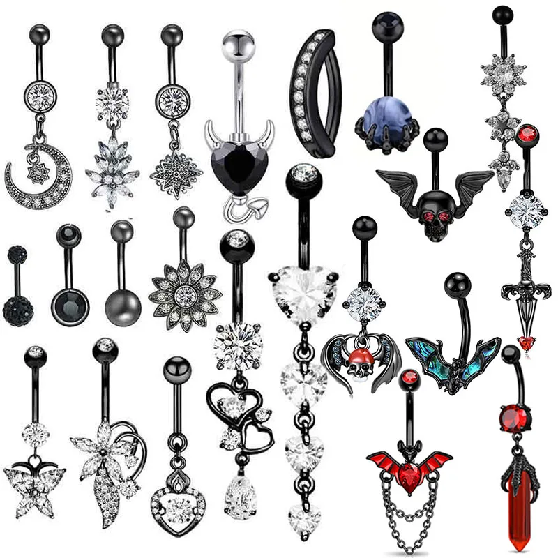 

1PCS Black Skull Belly Button Rings Jewelry Stainless Steel Heart Navel Piercing Barbell Flower Belly Ring Cute Piercing Ombligo