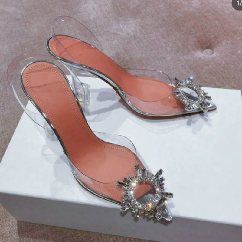 

2022 Spring and Summer New with Drill Buckle Transparent High Heels Female Cat Heel Pointed Toe Trending Cute Girl Crystal Shoes