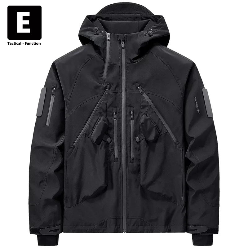 

Black Techwear Cargo Jacket Men Windbreaker Spring Autumn Hooded Jackets Coats Male Fashion Zipper Design Outdoor Outerwear
