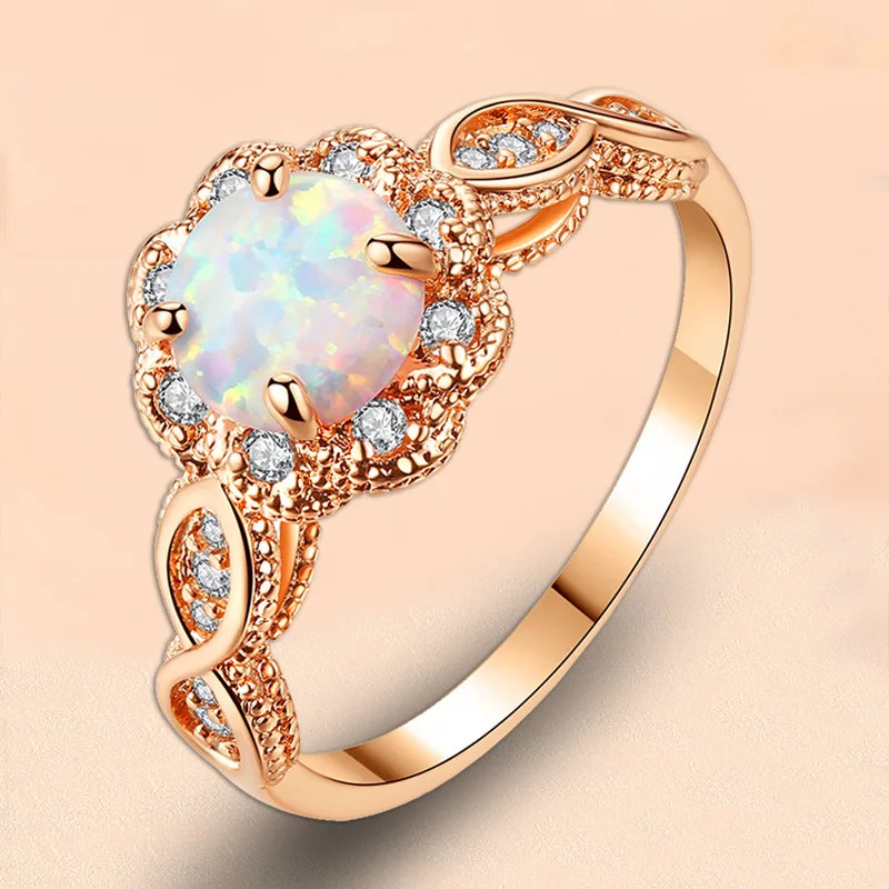 18K Gold Plated Opal Ring- White Fire Opal & Amethyst & Cubic Zirconia Women Jewelry Gemstone Engagement Anniversary Ring Size