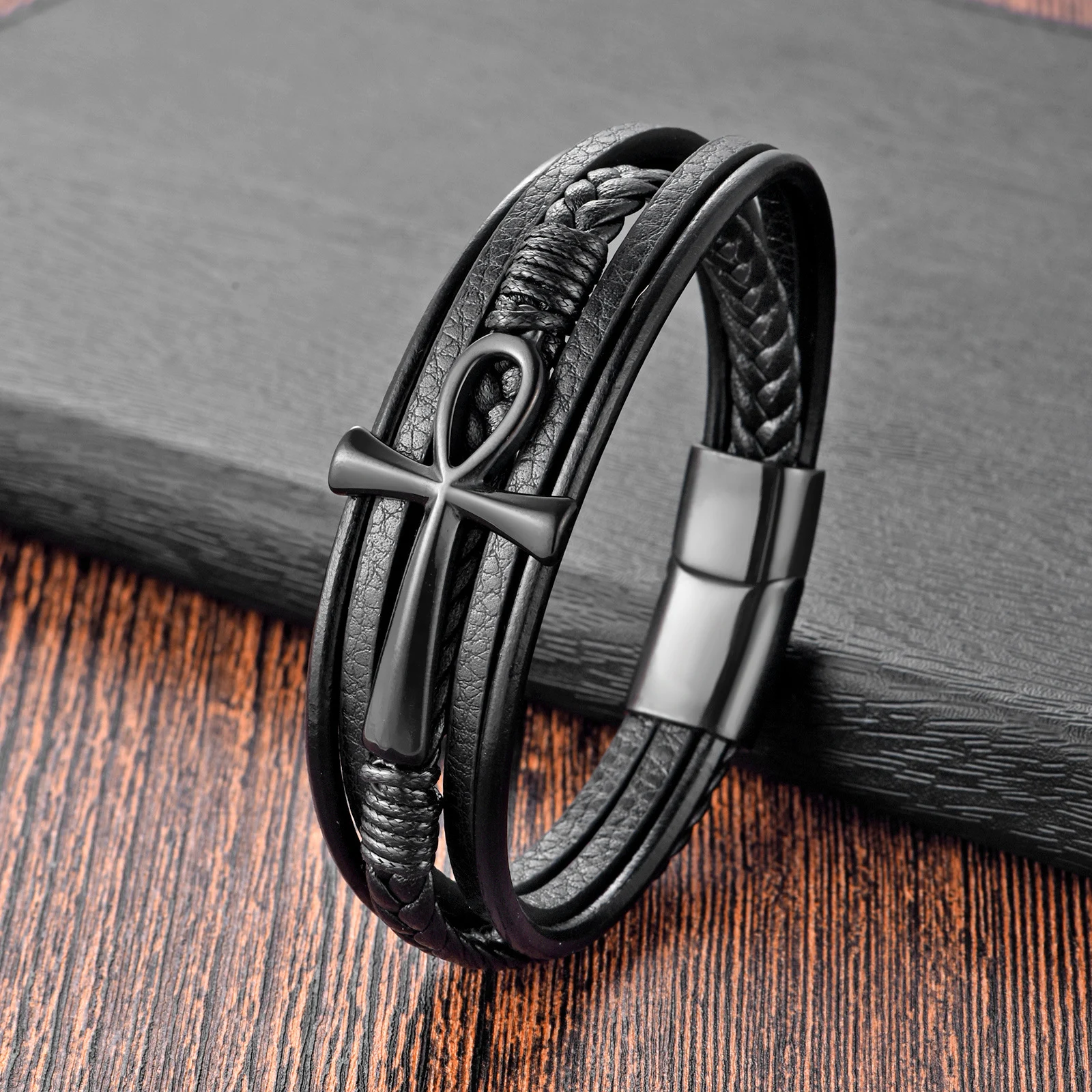Мужские ювелирные изделия из нержавеющей стали тканый браслет натуральной кожи
