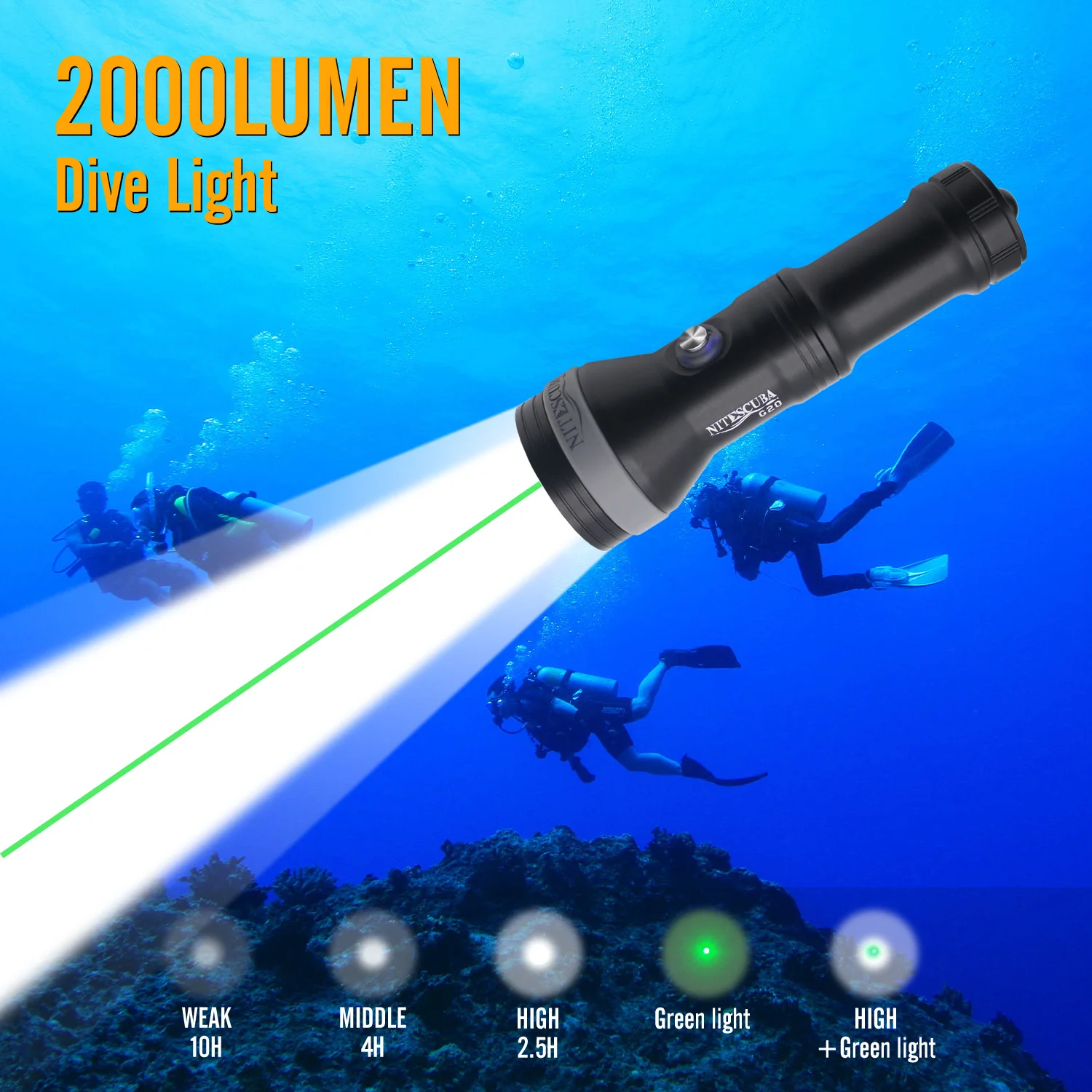 Подводный фонарь Scuba G20 с дальнобойным зеленым светом для ночных тренировок на открытом воздухе и подводных исследований в пещерах. (art.: 3920caeb2f19e) - 3920caeb2f19e
