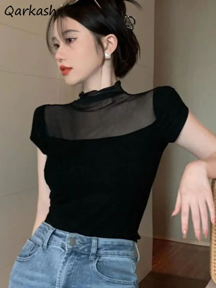 

Футболка женская сетчатая, пикантная винтажная элегантная прозрачная уличная одежда в стиле ретро, Повседневная Клубная одежда в минималистском стиле, на лето