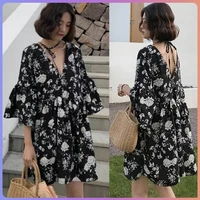 summer womens new style temperament sexy v neck open back loose thin a line floral ruffle sleeve dress