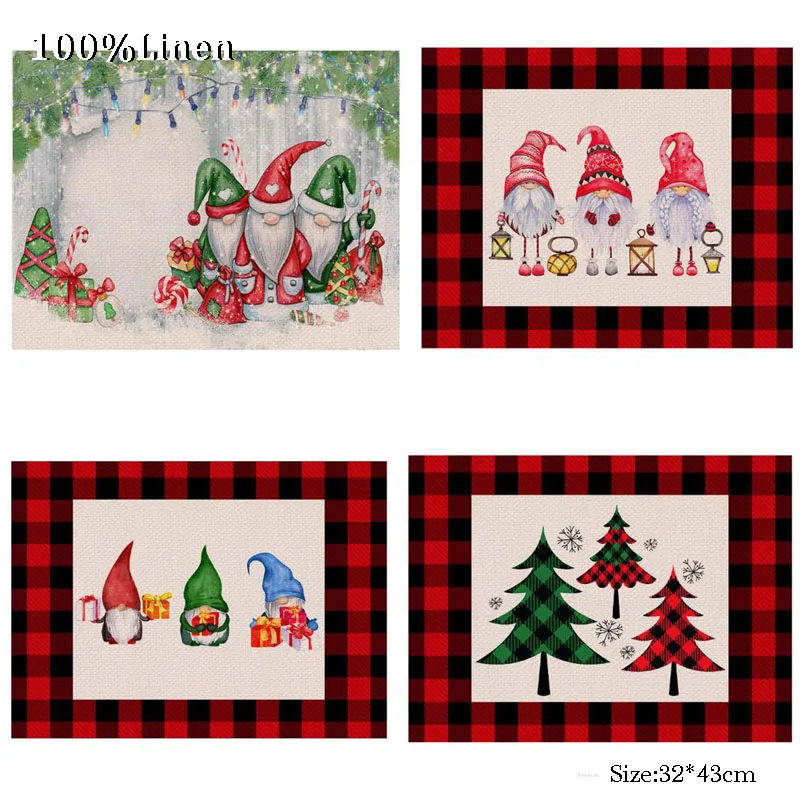 

HOT linen Christmas Faceless Gnome Tree Elk Printed table place mat pad Cloth placemat Elf Dwarf coaster dish doily kitchen