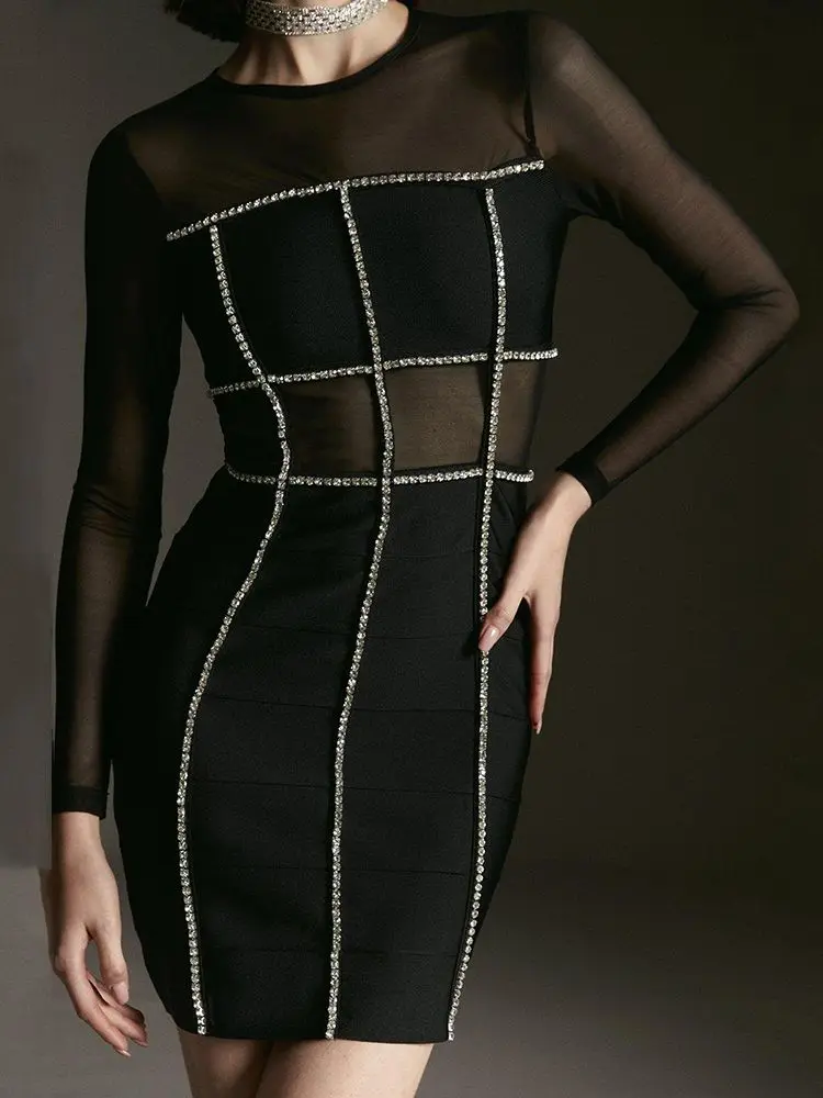 

Новинка лета 2023, женское сексуальное Сетчатое мини-платье-футляр со стразами, роскошное женское облегающее мини-платье со стразами, для ночного клуба