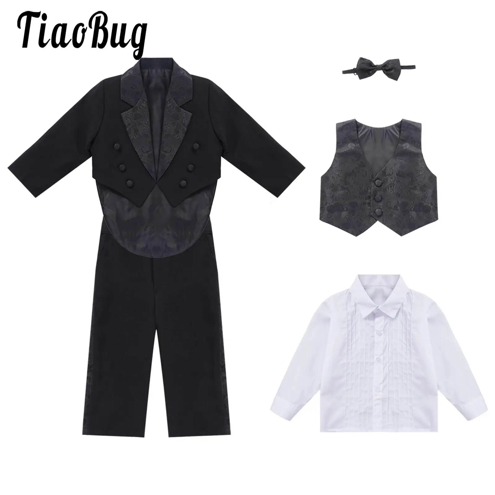 

Baby Boys Tuxedo Clothes Set Formal Suits Long Sleeve Suit Blazer Shirt Bow Tie Vest Pants Gentleman Suit Wedding Party Costumes