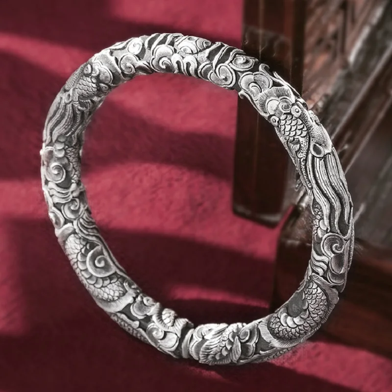 

Мужской серебряный браслет ручной работы S999 с головой дракона