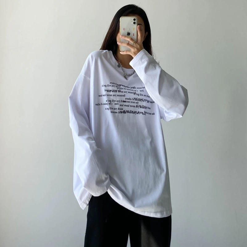 

Standard Round Neck Long Sleeve Loose Women's T-Shirt Solid Color Simple Casual Basic High Street Fashion Female Top