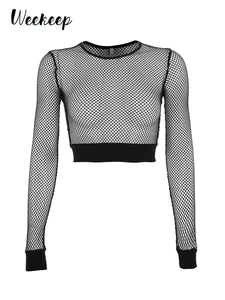 Женская укороченная футболка Weekeep, черная облегающая футболка с вырезами и длинным рукавом, укороченный топ в стиле пэчворк, уличная одежда, 2018