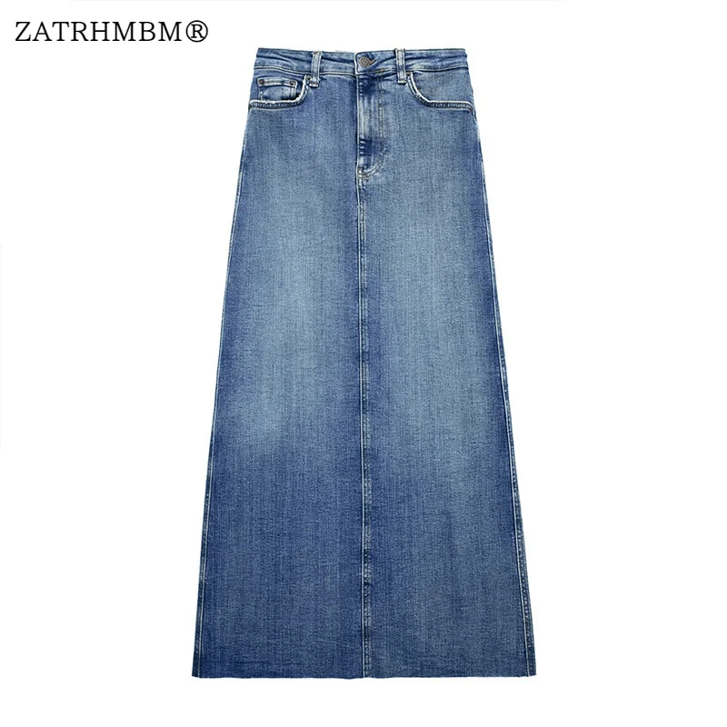 

ZATRHMBM Women 2023 Spring Fashion Stretch Denim Midi Skirt Vintage Side Pockets Zip Fly High-Waisted Female Skirts Mujer