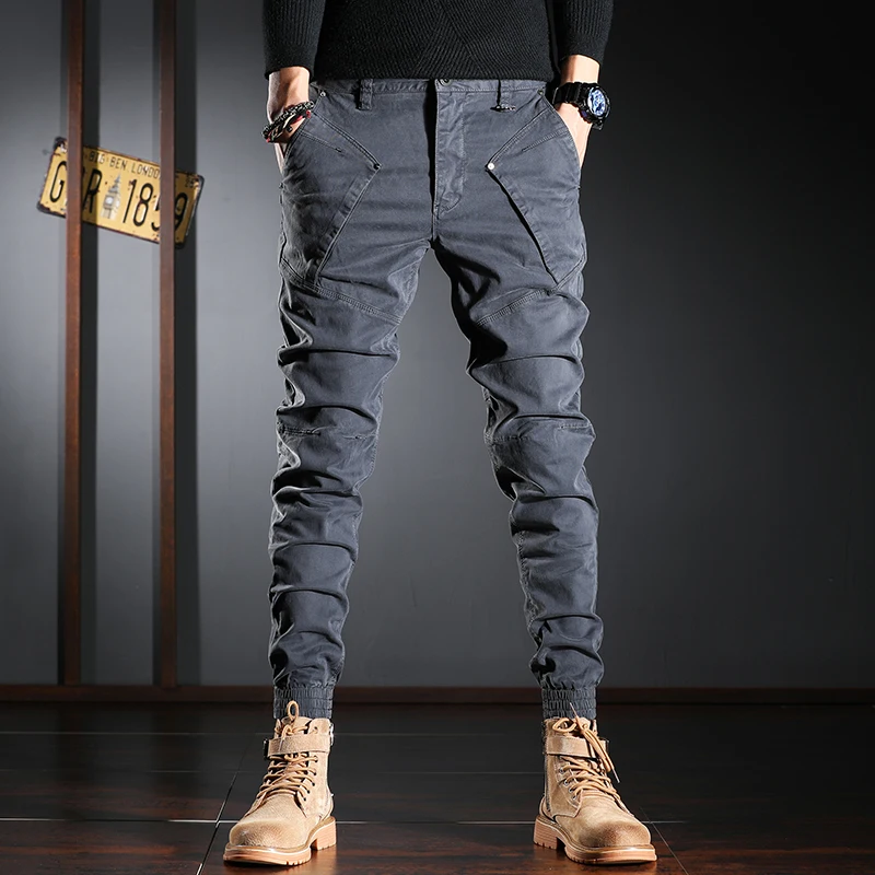 Newly Designer Fashion Men Jeans High Quality Spliced Patchwork Casual Cargo Pants Streetwear Hip Hop Joggers Harem Trousers