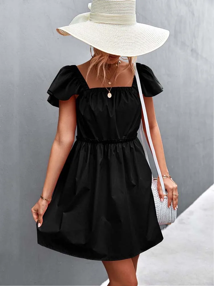 

2022 Summer Short Ruffle Sleeve Dress Women Mini Party Dress Ladies Black A Line Dress For Women