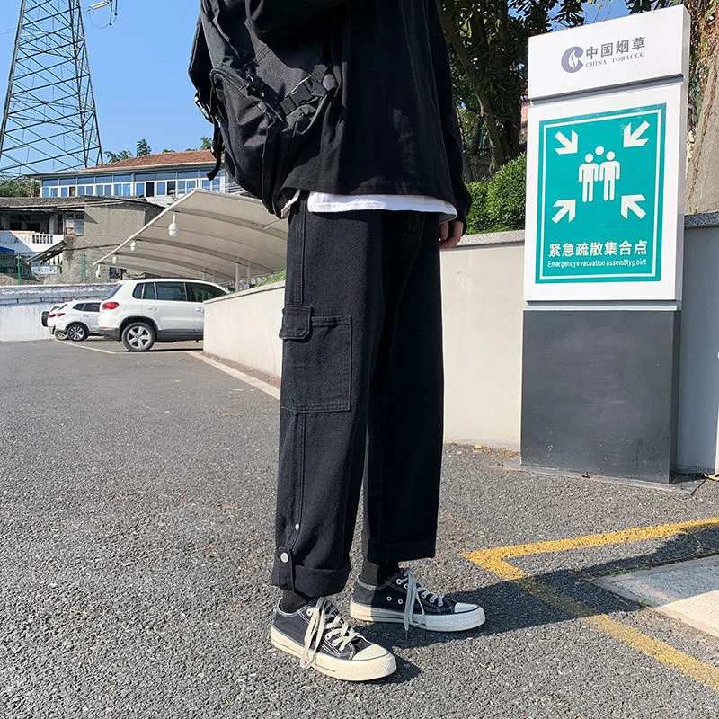 Blue Black Pocket Cargo Jeans Men Fashion Casual Wide Leg Jeans Men Streetwear Loose Hip Hop Straight Denim Pants Mens Trousers