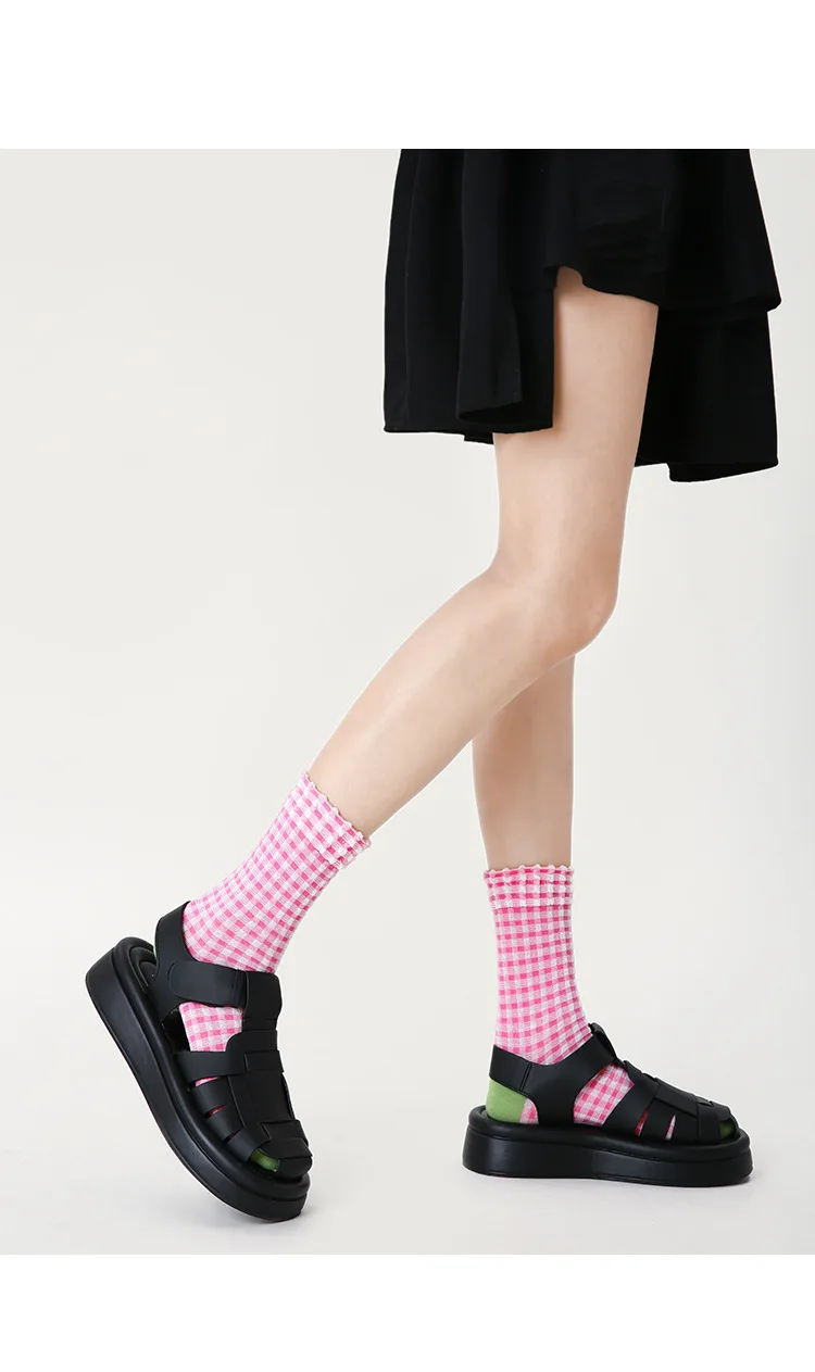 Renaissance Original Woman Lady Girls Spring Summer Autumn Winter Mid Tude Plaid Checkered Ins Fashion Candy Color Cotton Socks
