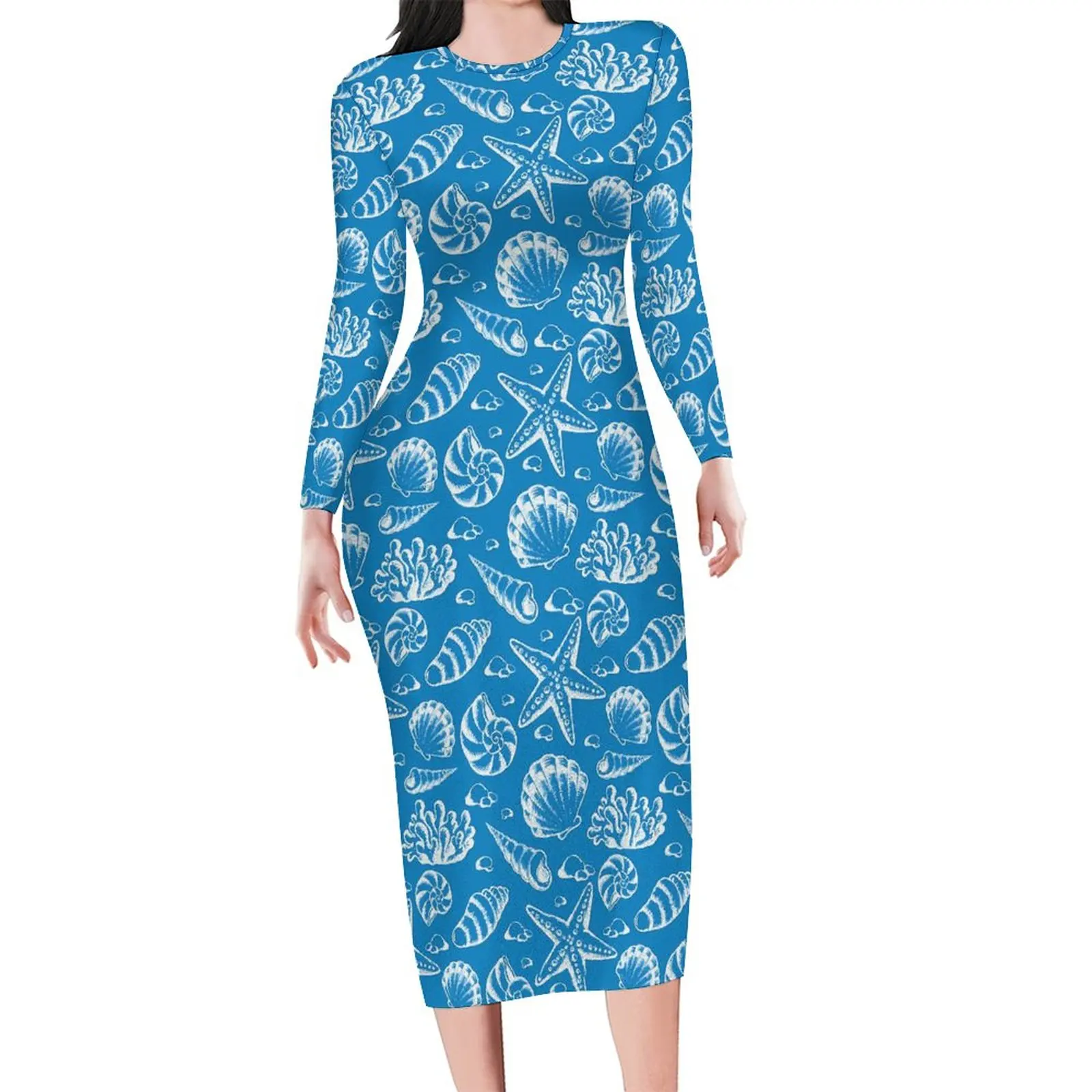 

Женское платье с длинным рукавом, голубое пляжное платье с принтом улитки, облегающее платье с графическим принтом, большой размер 4XL 5XL, для ...