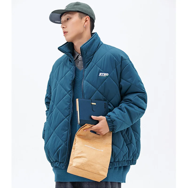 Streetwear Men New Blue Keep Warm Rhombic Lattice Padded Clothes Thicken Recreational Loose Down Jacket Comfortable Coat Female