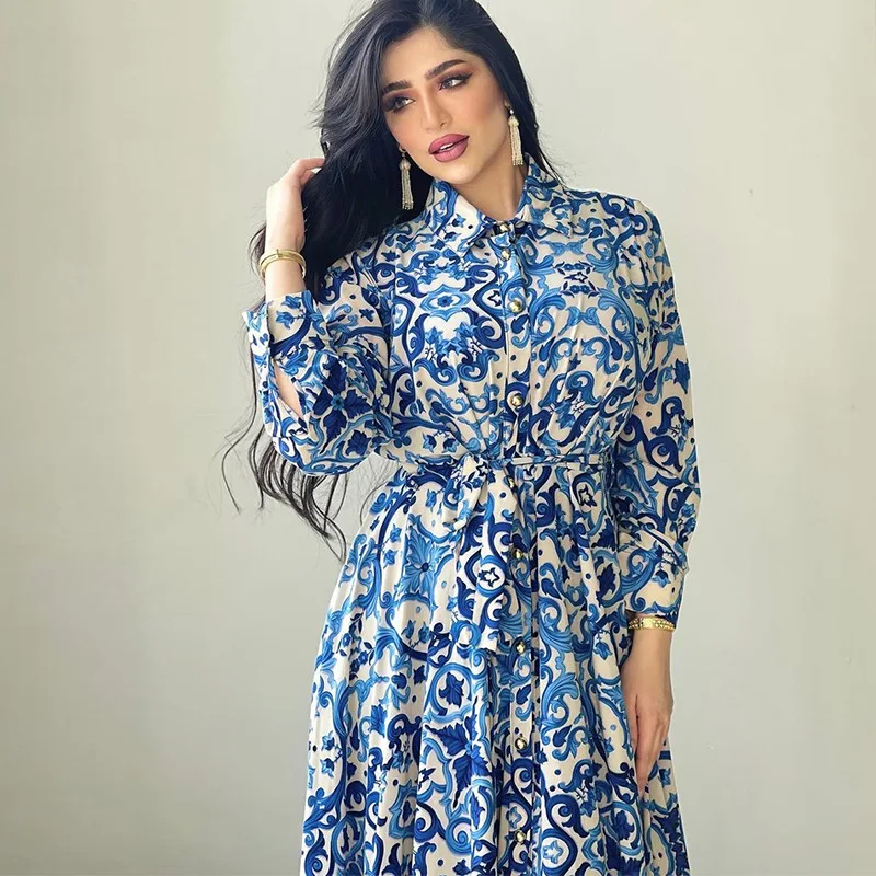 Floral Abaya Turkish Kimono  Dubai Women Long Sleeve Shirt Dresses Muslim Fashion Evening Gowns Turkish Ladies Boho Dress