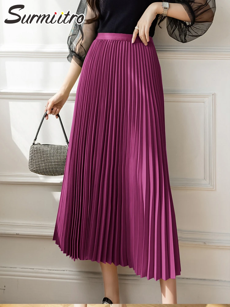 

SURMIITRO Super Quality 2022 Summer Korean Fashion Purple Midi Long Pleated Skirt Women High Waist A Line Skirt Female
