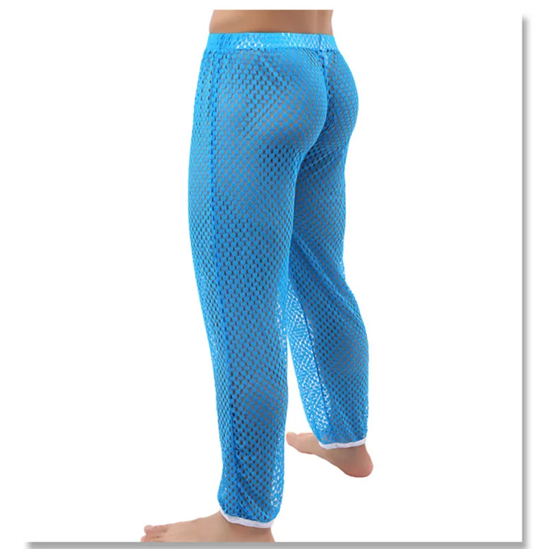 Men Full Length Pants Sexy Long Johns Breathable Male Sleep Bottoms Trousers Loose See Through Pants Casual Homewear