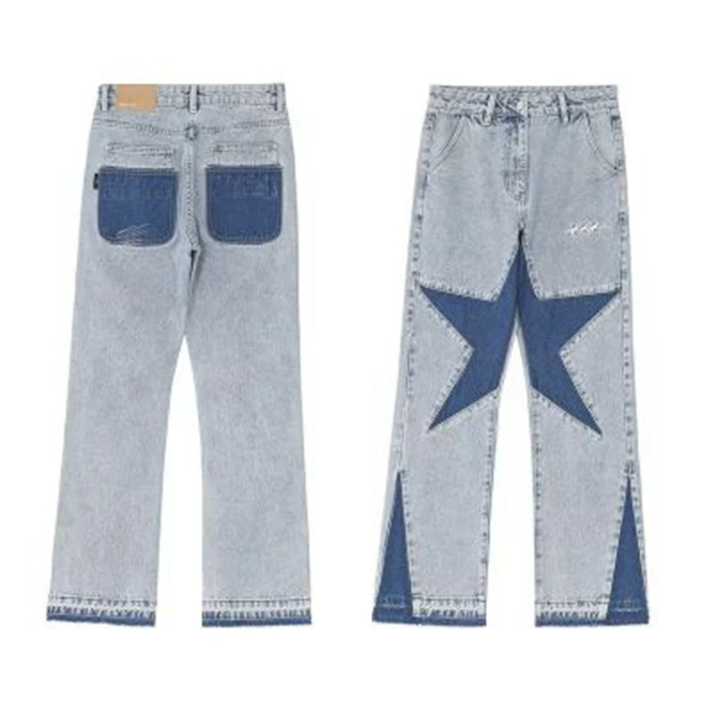 Harajuku Stars Letter Embroidery Patchwork Straight Flare Jeans Pants Mens Retro Ripped Oversized Casual Denim Trousers Y2K