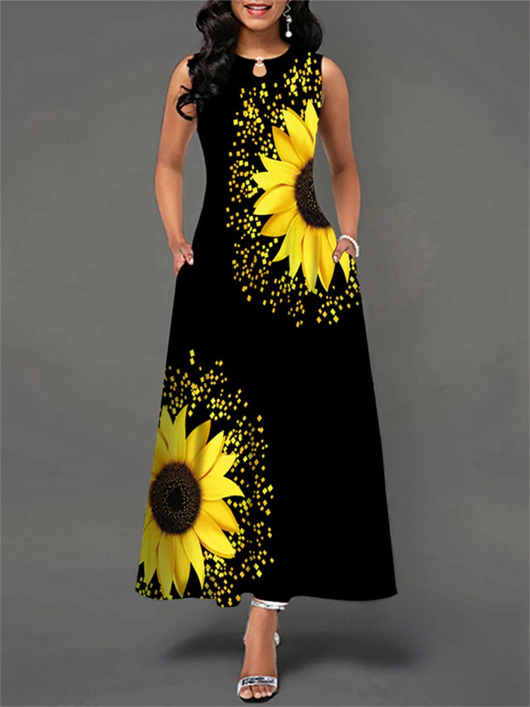 

Summer Dress Women Sunflower Print Sundress Sleeveless Hollow Out O Neck Slim 2022 New Fashion Big Hem Black Long Dress Vestidos