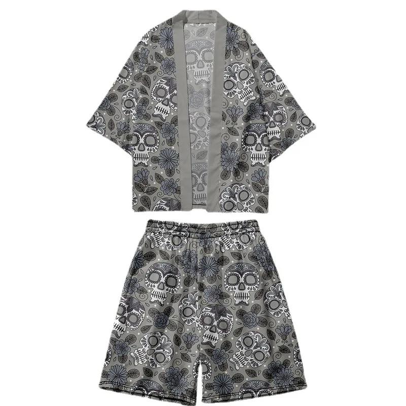 

Cardigan Shirt Haori Men Skull And Floral Print Kimono And Shorts Set Japanese Samurai Yukata Asian Clothes Kimono