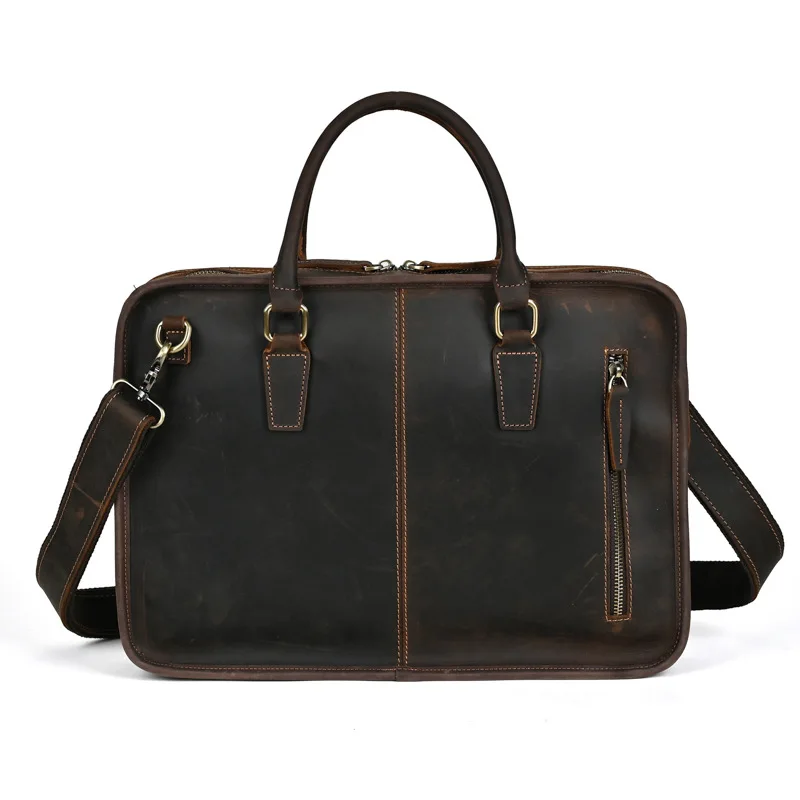 Vintage Cow Leather Men's Briefcase With Zipper Horizontal Handbag Laptop Computer Bag High Capacity Man Shoulder Messenger Bag