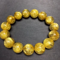 natural gold rutilated quartz bracelet 14mm clear round beads rutilated brazil women men fashion wealthy stone aaaaaaa