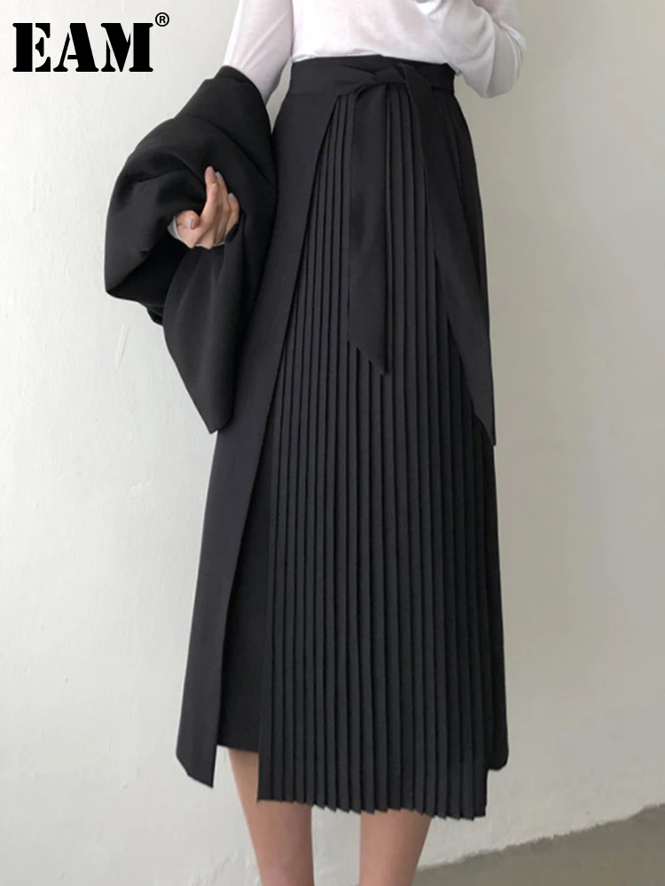 

[EAM] High Waist Black Irregular Spliced Pleated Long Elegant Half-body Skirt Women Fashion Tide New Spring Autumn 2022 1DE9619