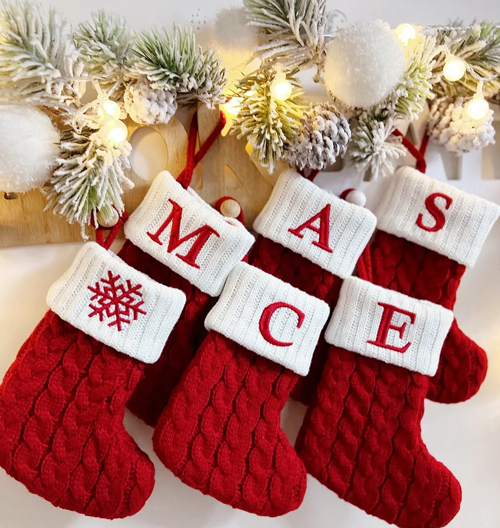 

Hangable Red knitting Christmas Sock Snowflake Letter Christmas Stocking Christmas Tree Hanging Ornament 2024 Navidad Natal Xams