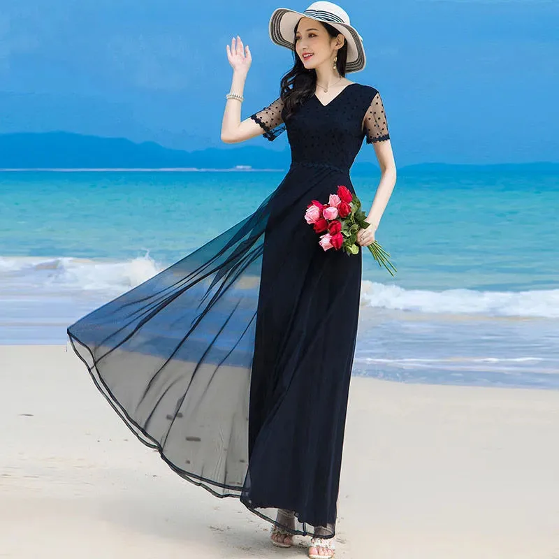 

Женское длинное шифоновое платье с коротким рукавом, черное, элегантное, торжественное, свободное, вечернее, Клубное, выпускное, модное, летнее, новые пляжные платья