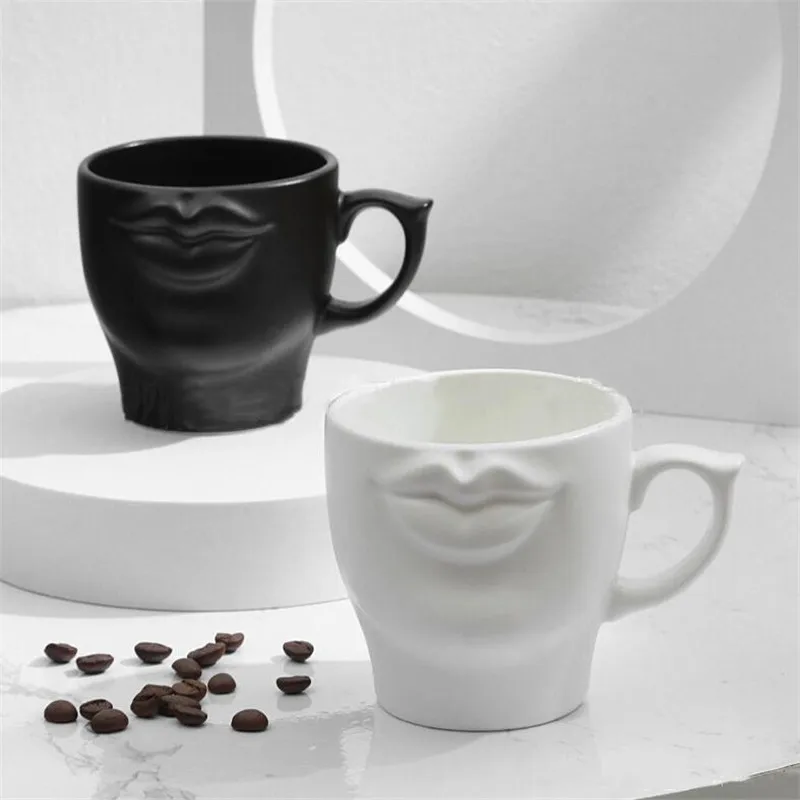 3D Black White Three-dimensional Lip Cup Coffee Cup Ceramic Cup with Handle Couple Cups Coffee Mug Home Teacup Milk Mug Tea Mugs images - 6