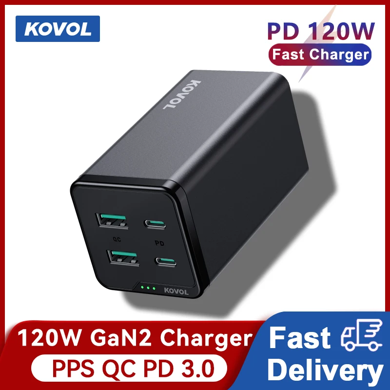KOVOL 120W Charger GaN 100W PPS PD QC 3.0 Desktop Laptop Fast Charge For iPhone 13 12 Pro Max Samsung Xiaomi Phone Charger