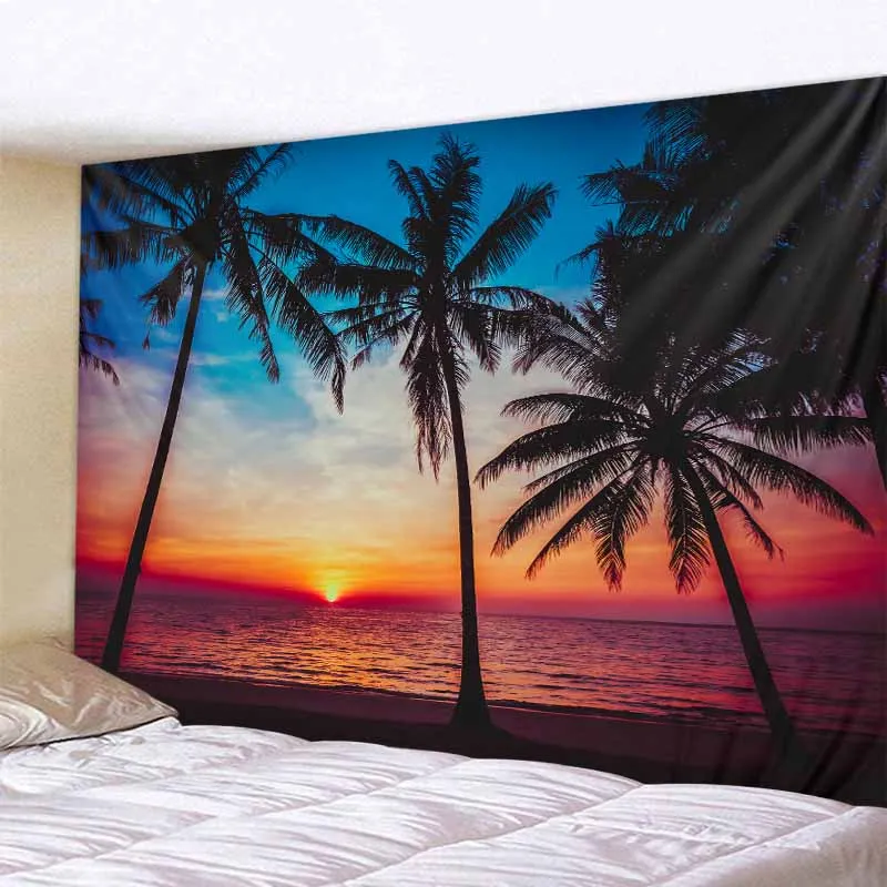 

Coconut tree sea view tapestry sunrise sunset art decoration blanket home background cloth hippie bohemian living room dormitory