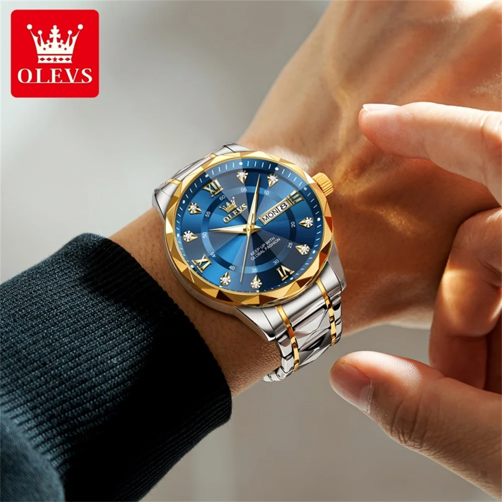 Фото Мужские часы OLEVS, деловая мода, оригинальные часы Qyartz для мужчин, водонепроницаемые, светящиеся, дата недели, трендовые, с ромбовидным зеркалом, Лидер продаж 2024 №4