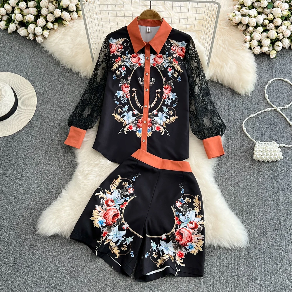 

Amolapha 2022 Retro Lace Patchwork Printed Shirt + High Waist Shorts 2-piece Clothes Suit For Women