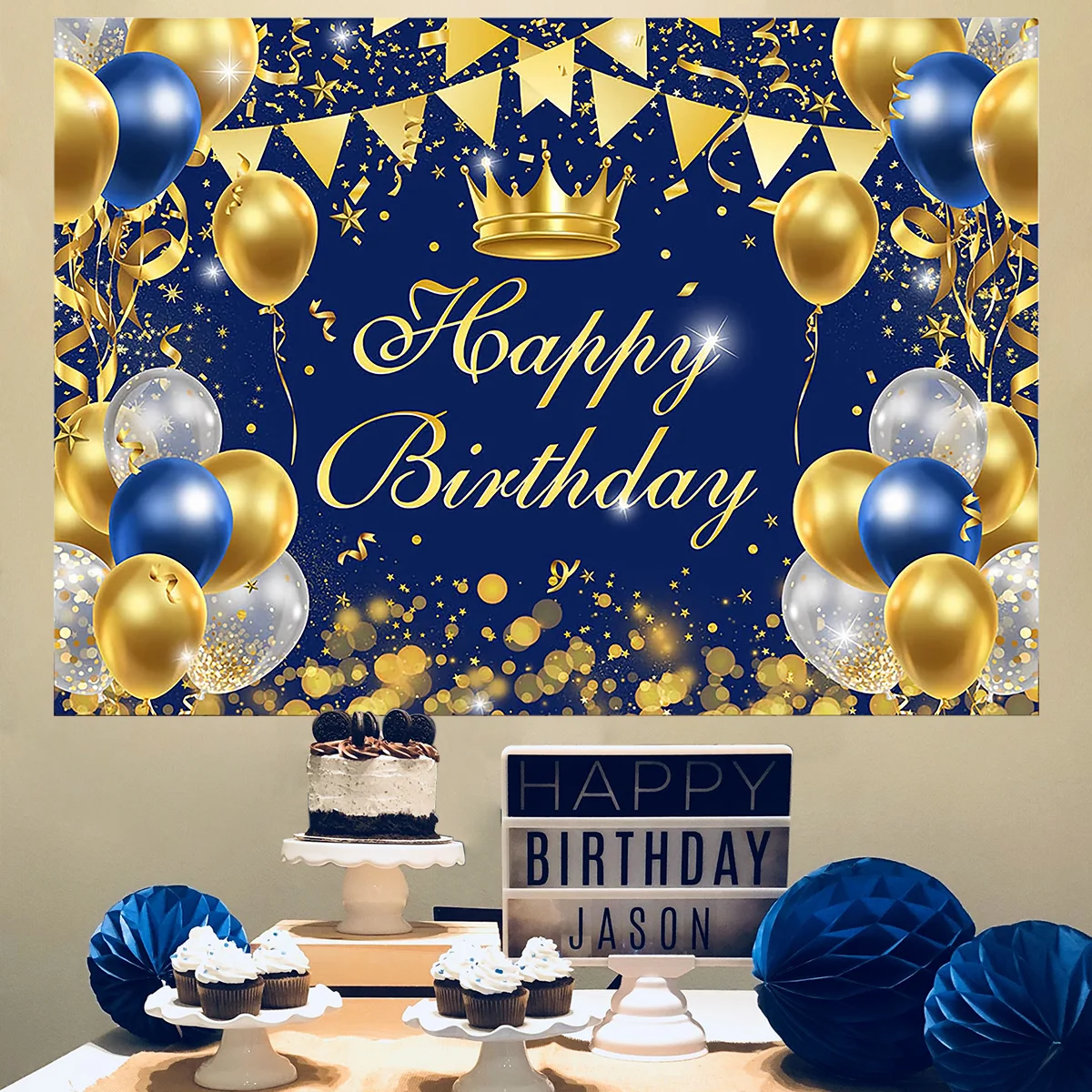 

Blue Gold Birthday Backdrop Background Royal King Crown Happy Birthday Party Decorations Background Kids Boy Birthday Suppies