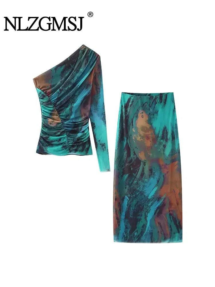 

Nlzgmsj TRAF Tulle Printed Women Midi Skirt Sets For Women 2 Pieces Short Tops Women Suits New Two Piece Women Outfit