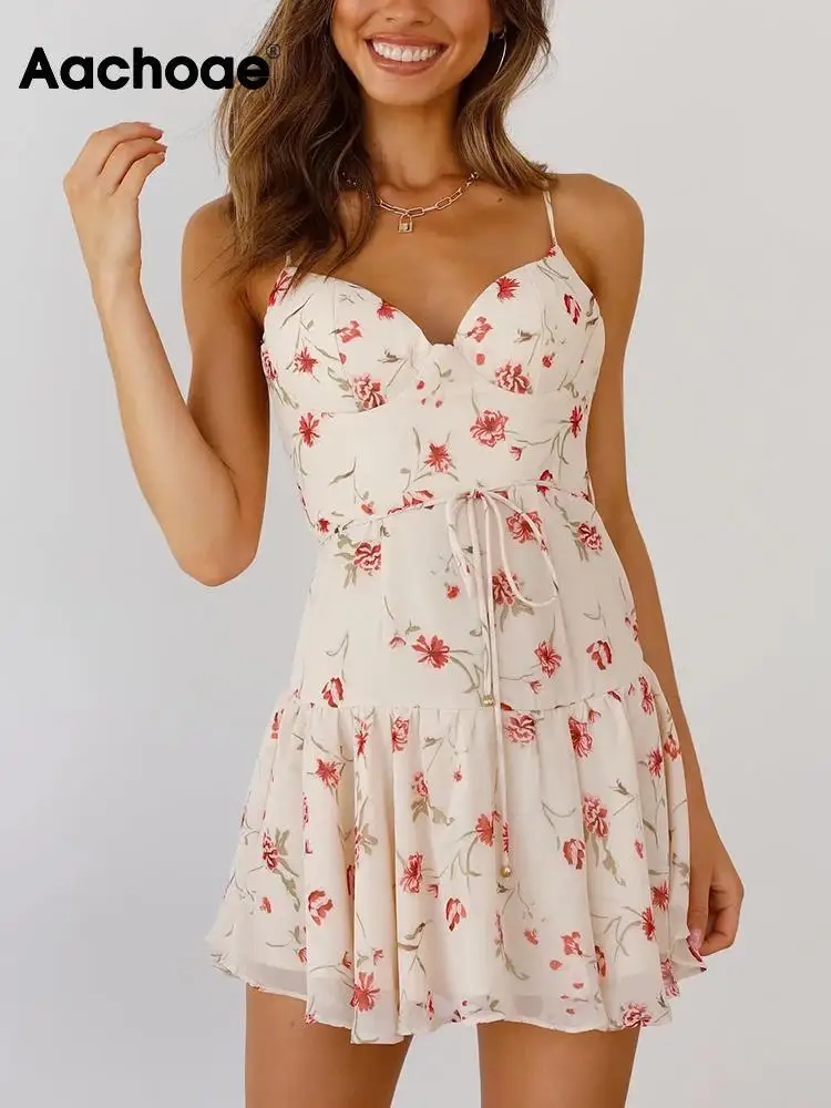 

Aachoae Women Fashion Floral Printed Mini Dresses With Bow Sashes Casual Spaghetti Strap A Line Dress Ladies Summer Party Dress