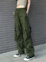 retro green baggy cargo pants women eyelet ribbon punk streetwear straight trousers vintage aesthetic grunge sweatpants