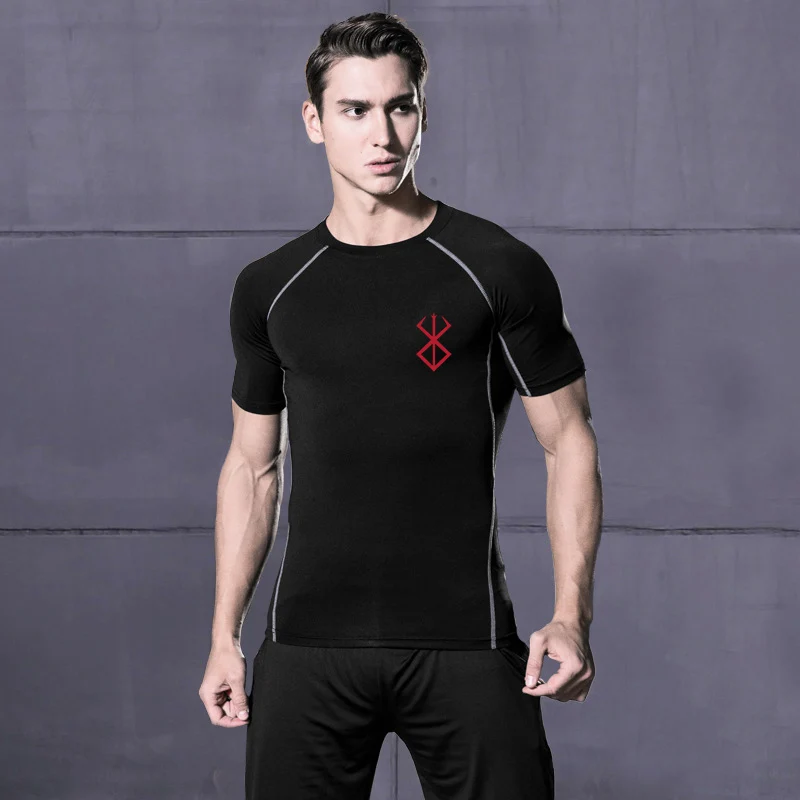 Anime Berserk Print Compression Shirts for Men Short Sleeve Gym Workout Fitness Undershirts Quick Dry Athletic T-Shirt Tees Tops