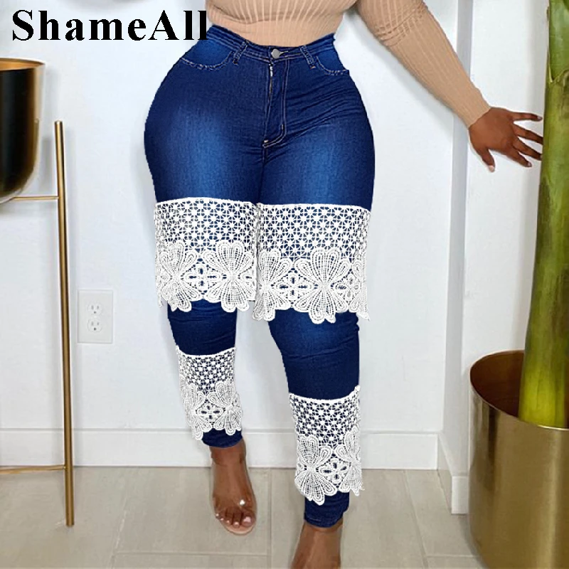 

Vintage Flower Lace Patchwork Stretchy Skinny Jeans 3XL Streetwear High Waist Sexy Melody Indie Ruffles Club Denim Pencil Jean