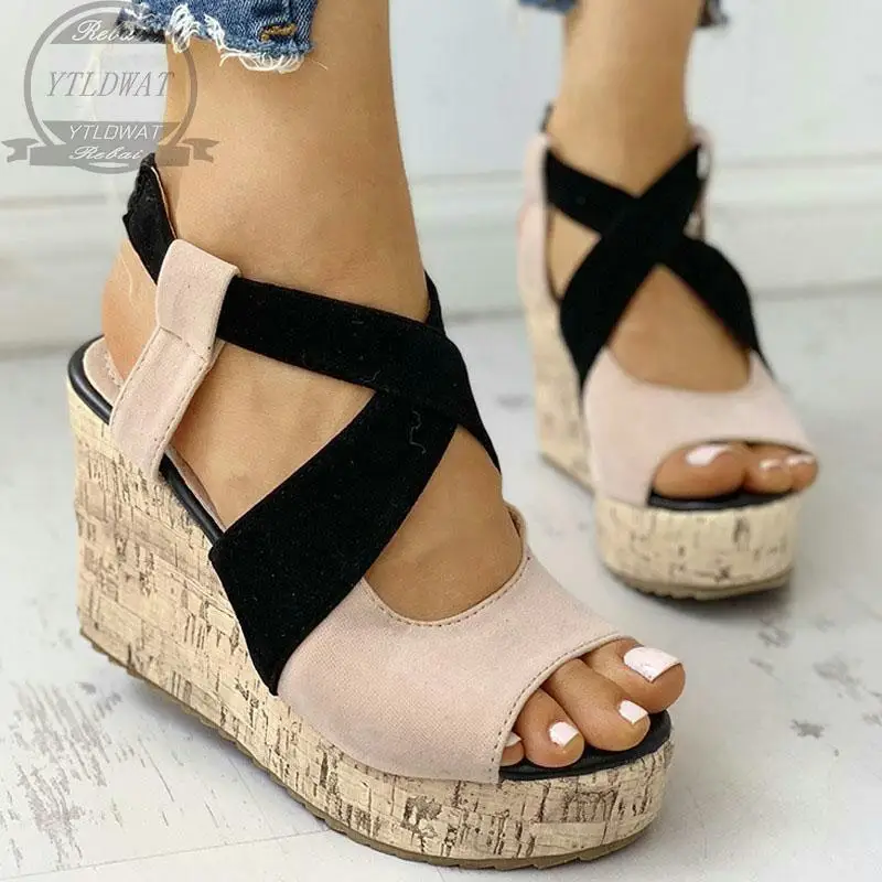 Brand New Comfy Walking Fashion Black All Match Leisure Bohemia Straw Platform High Heels Wedges Shoes Women Summer Sandals