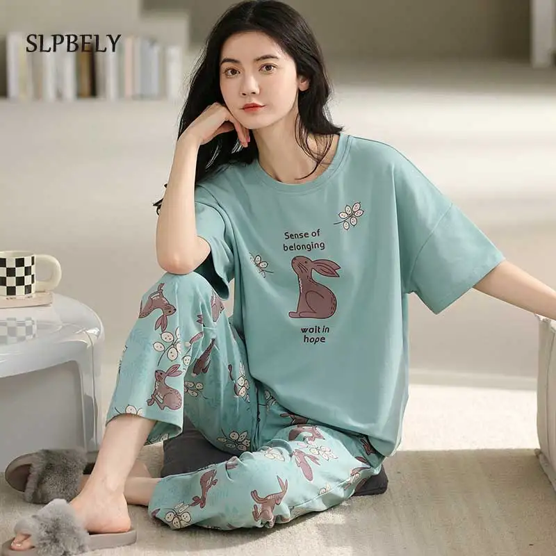 

SLPBELY Summer Women Pajamas Set Homesuit Cartoon Short Sleeve Long Pant Nightwear Pyjamas Sleepwear Home Suit Cute Home Clothes