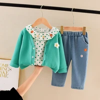 long sleeved three piece set dot floret coat sweater pants childrens wear spring and autumn casual clothing cheap wholesale