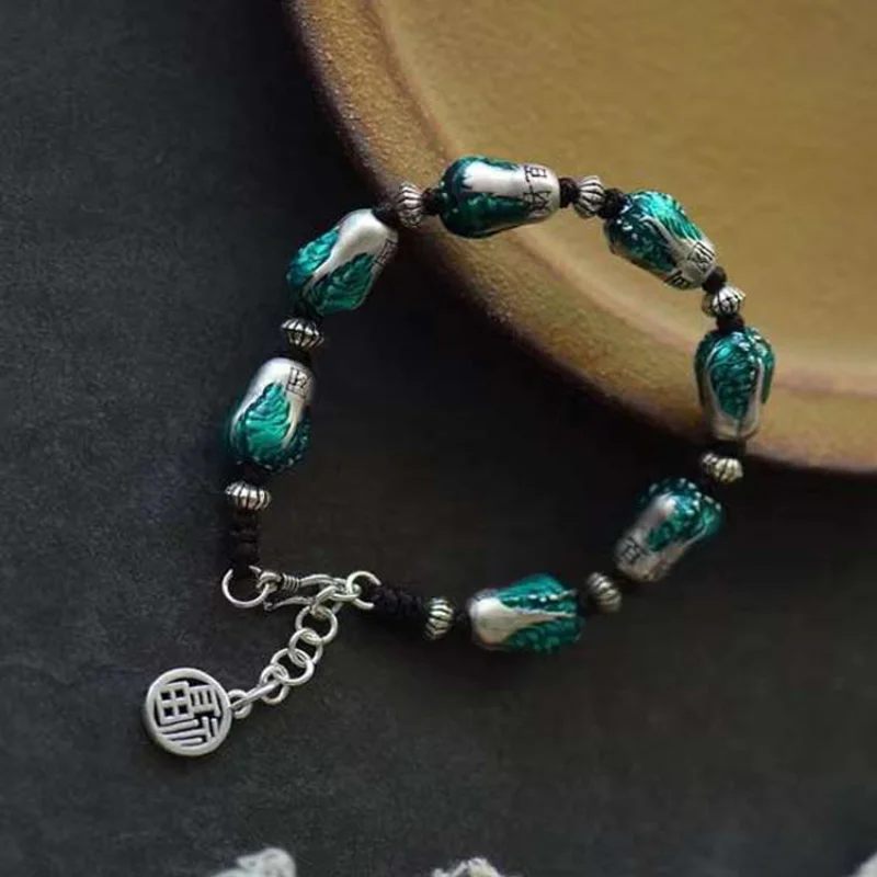 

Rt Silver Color New Enamel Color Chinese Cabbage Hundred Fortune Bracelet Trend Fashion High-grade Feeling Women Accessories