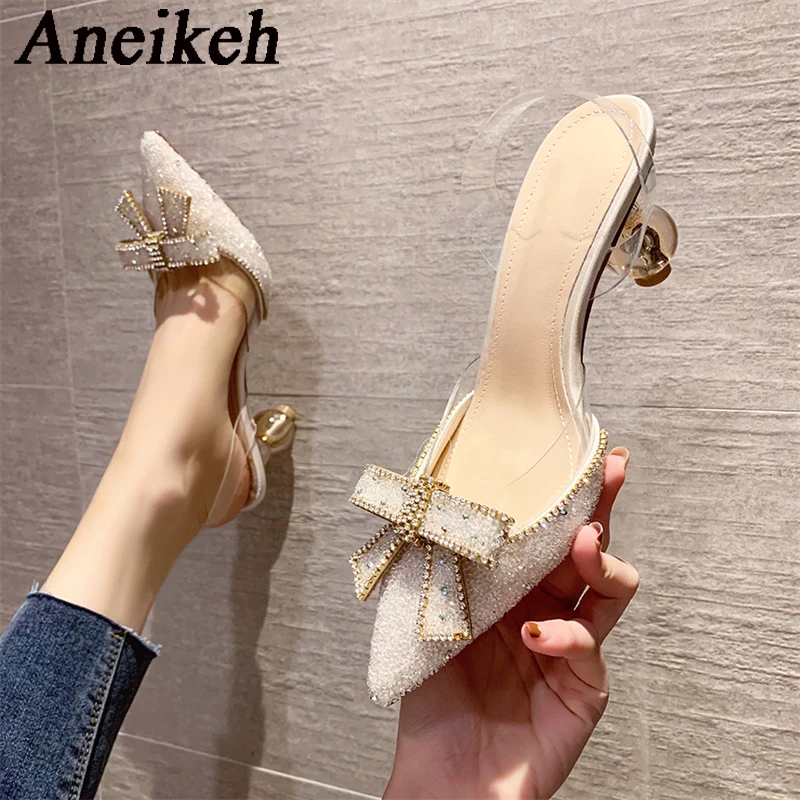 

Aneikeh 2024 Sequined Cloth Round Heel Slingbacks Single Shoes Women's Elegant Sexy Pointed Crystal Bow High Heels Party Dress