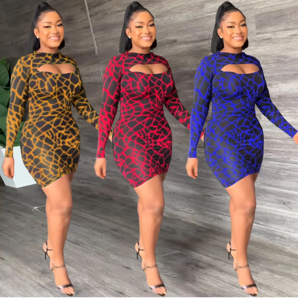 

Dresses Woman 2022 New Autumn Womens Long Sleeved Fashionable Printed Sexy Open Chest Buttocks Dresses for Party Bodycon Dress